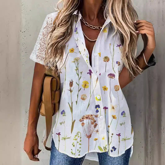 Women's blouse – Loose fit – Lace sleeves – Floral print – Breathable fabric