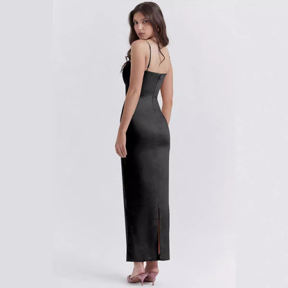 Long women's dress – Luxurious fabric – Fitted cut – Thin straps sleeveless