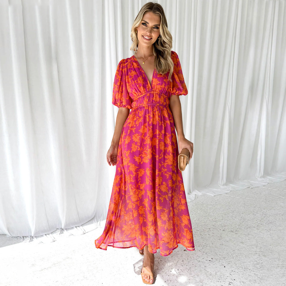 Women's long dress – Flared cut – Voluminous sleeves – Soft breathable fabric