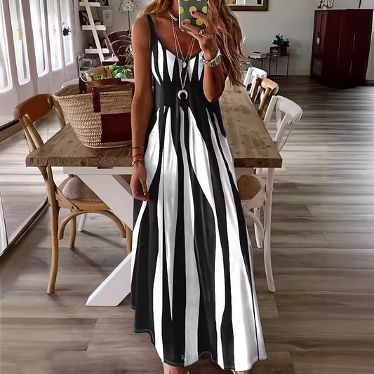 Robe longue femme – Décolleté en V – Bretelles fines réglables – Rayée fluide