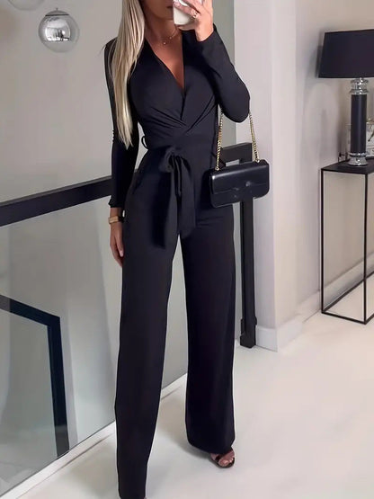 Women's jumpsuit – Elegant cut – Wrap neckline – Long sleeves – Wide leg