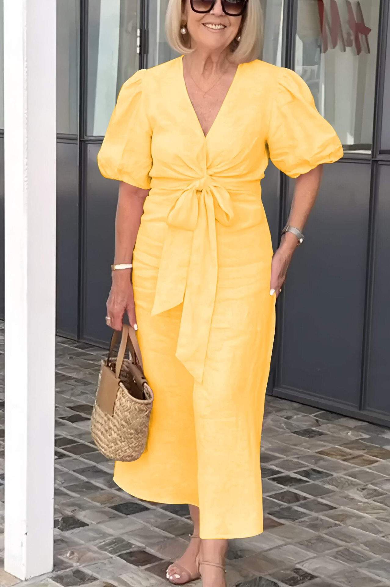 Women's Midi Dress – Natural Fibers – Puff Sleeves – Tied Waist – V-Neck
