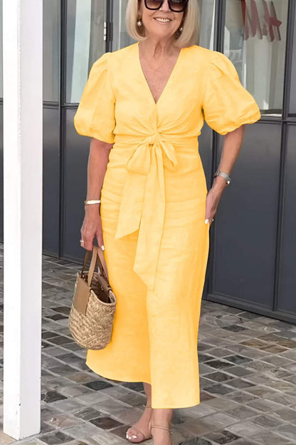 Women's Midi Dress – Natural Fibers – Puff Sleeves – Tied Waist – V-Neck