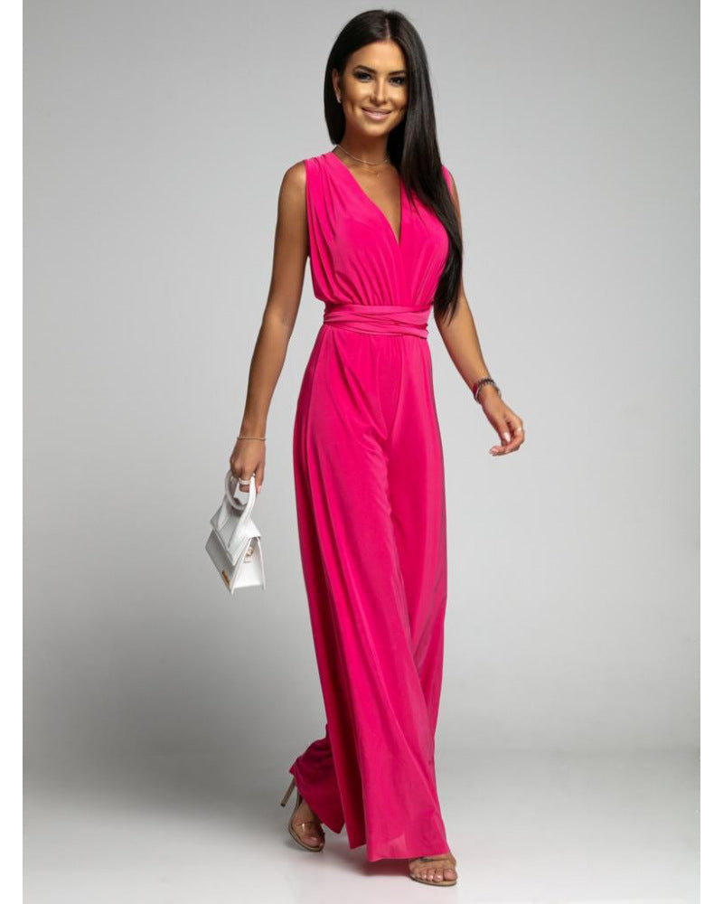 Women's jumpsuit – Sleeveless – Wrap-front neckline – Fitted waist – Wide legs