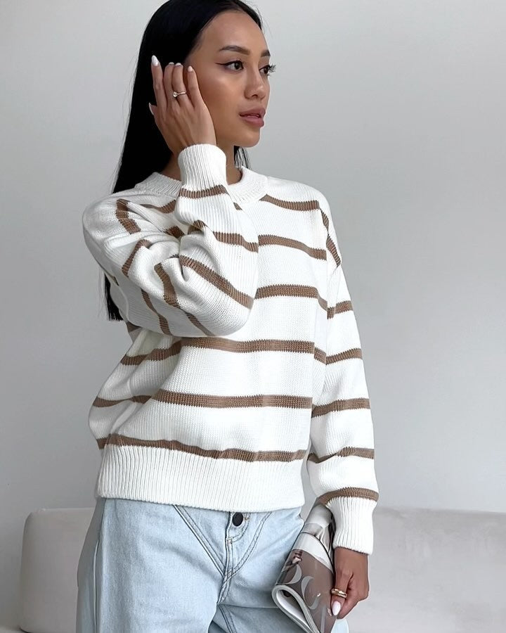 Ava Striped Sweater | Relaxed Fit Wide Round Neck Pullover