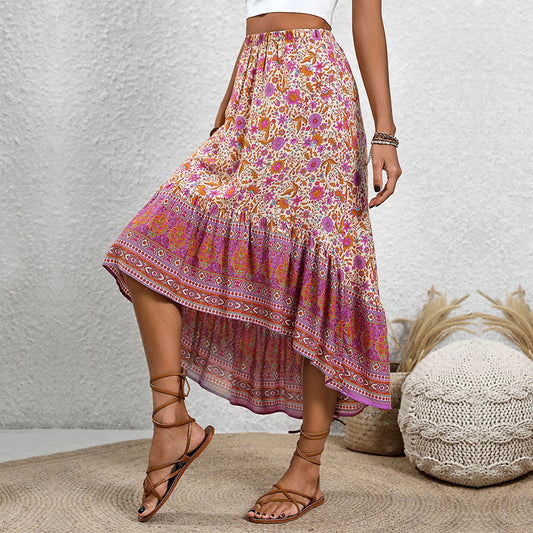 Women's bohemian skirt – Flowing flared cut – Floral and paisley print – Elastic waist