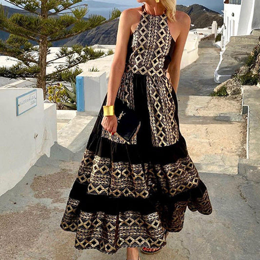 Women's dress off-the-shoulder – Flowing cut – Geometric print – Breathable fabric