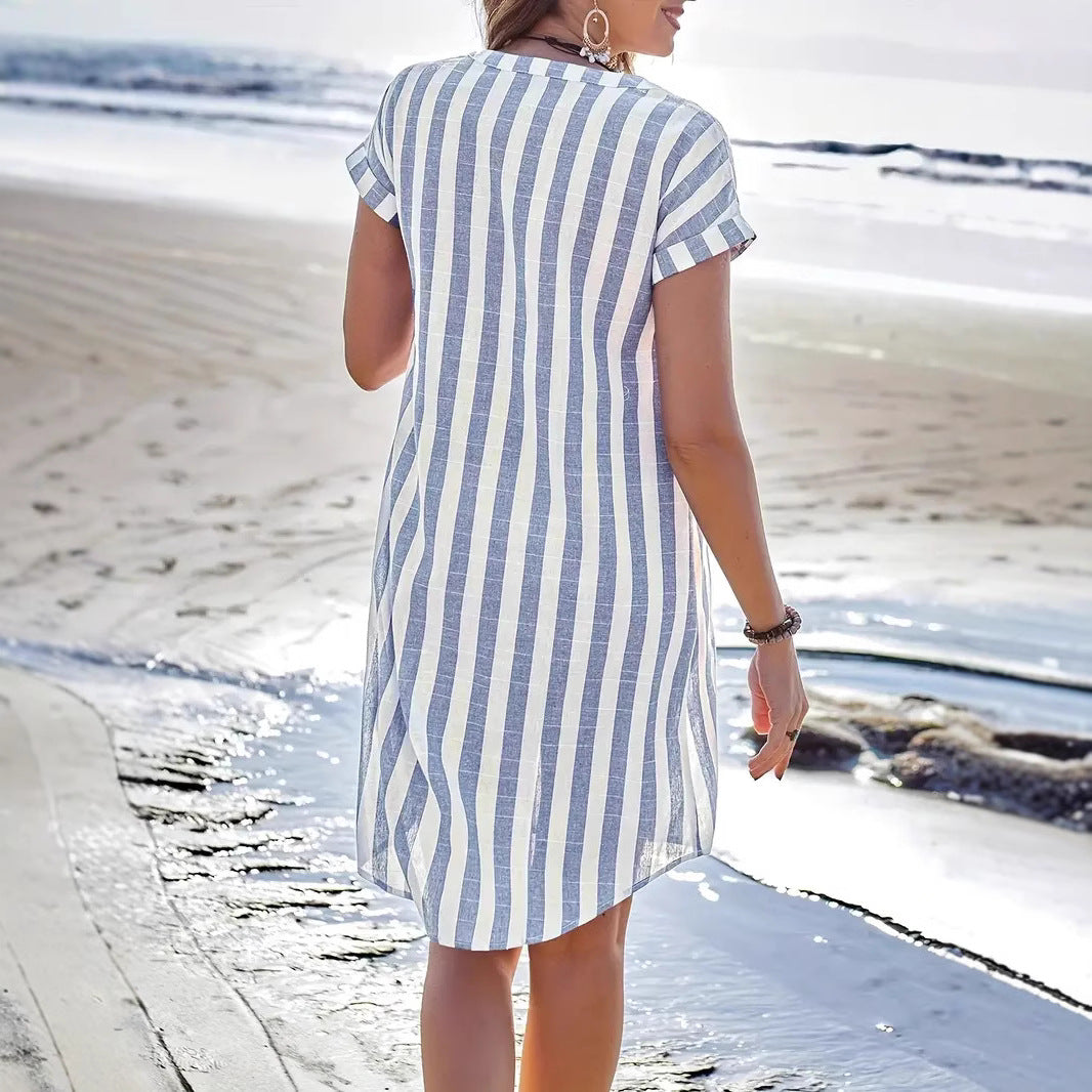 Women's shirt dress – Breathable fabric – Straight cut – Stripes – Short sleeves – V-neck