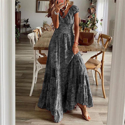 Robe longue femme – Encolure V – Manches courtes – Taille smockée – Jupe à volants