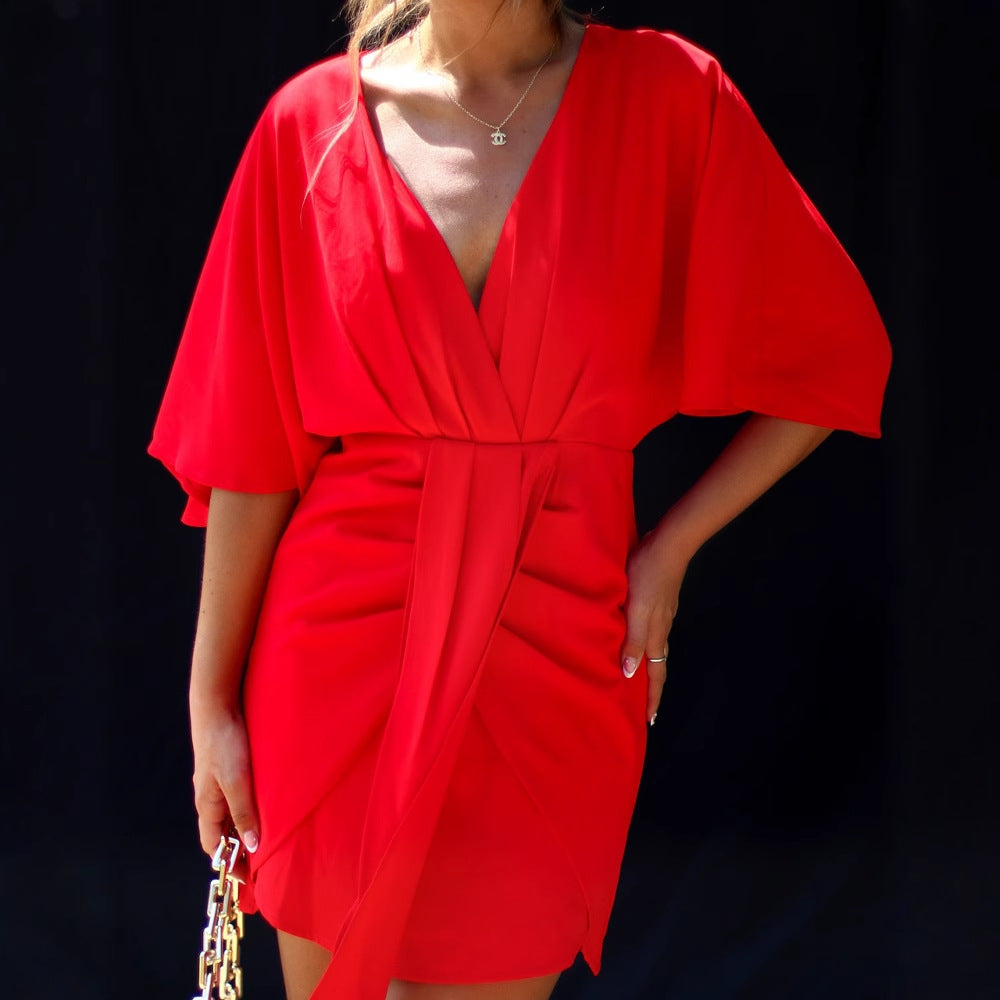 Women's skater dress – V-neck – Draped waist – Fluid fabric – Mini length