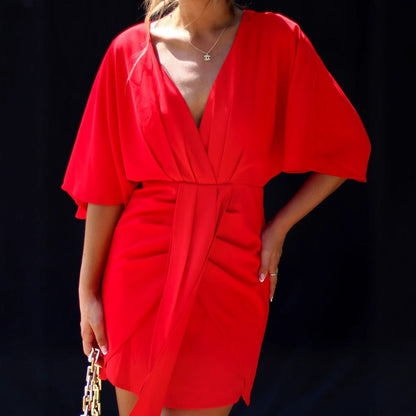 Women's skater dress – V-neck – Draped waist – Fluid fabric – Mini length