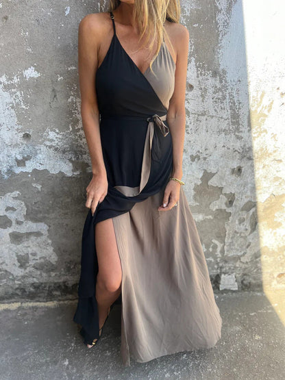 Women's long dress – Backless – Tied waist – Asymmetrical hem – Luxurious fluid fabric
