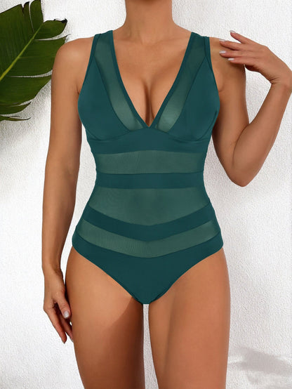 Women's one-piece swimsuit – Plunging neckline – Mesh insert – Fitted cut