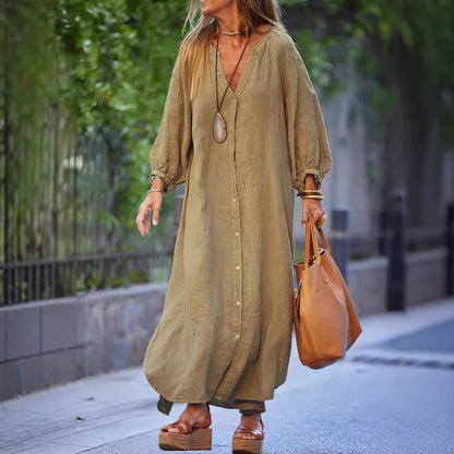 Women's long dress – Loose fit – Breathable fabric – Long sleeves – V-neck