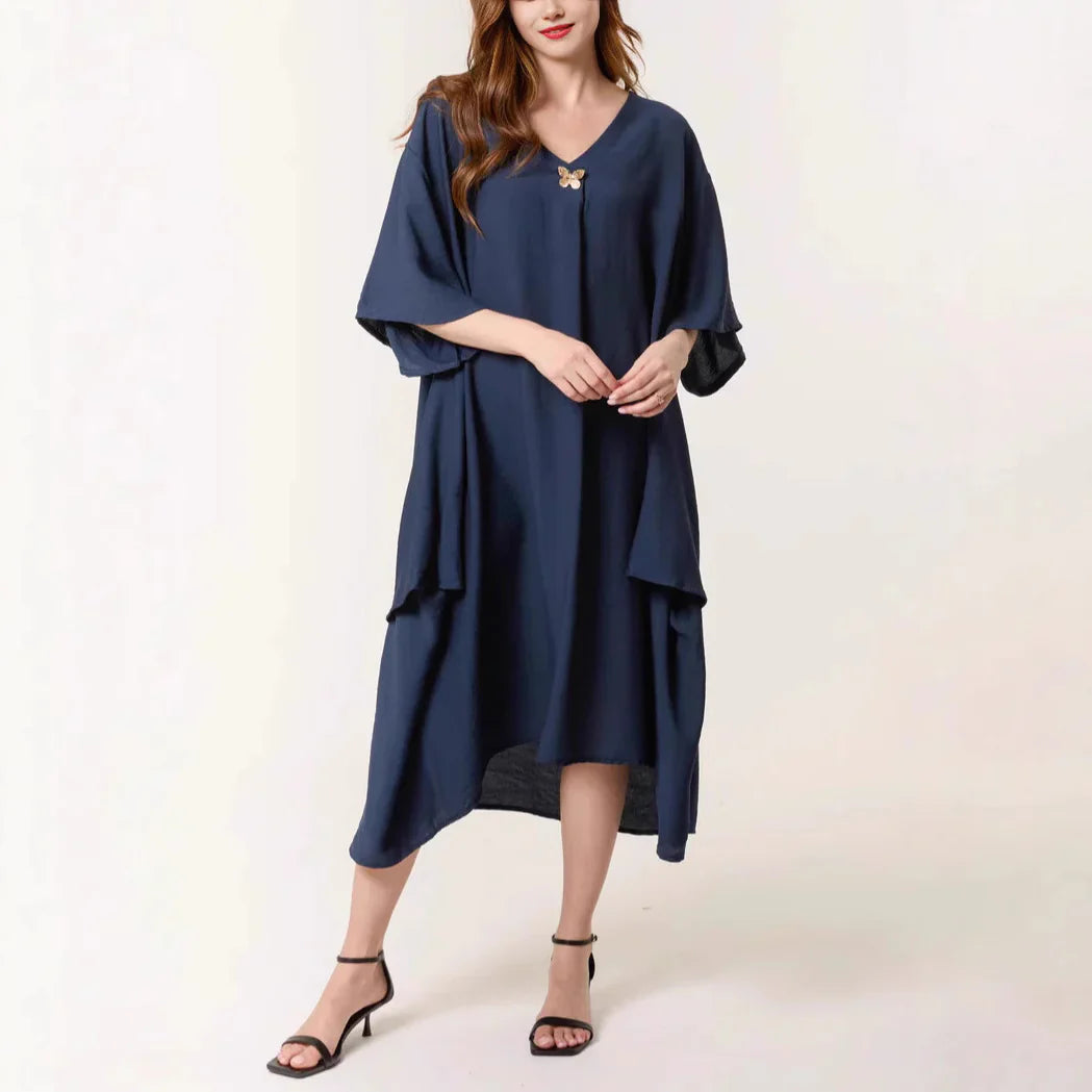 Women's tunic dress – Relaxed fit – V-neck – Midi length – Soft breathable fabric