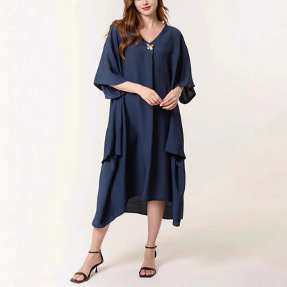Women's tunic dress – Relaxed fit – V-neck – Midi length – Soft breathable fabric