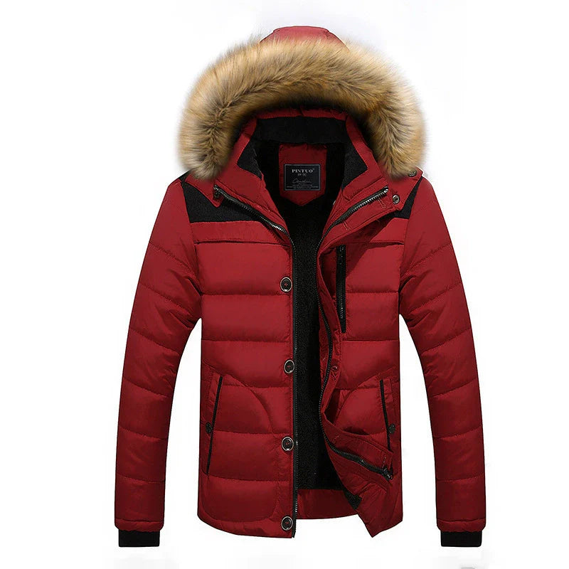 Men's Winter Jacket - Quilted Texture - Slim Fit - Stand Collar - Faux Fur Hood