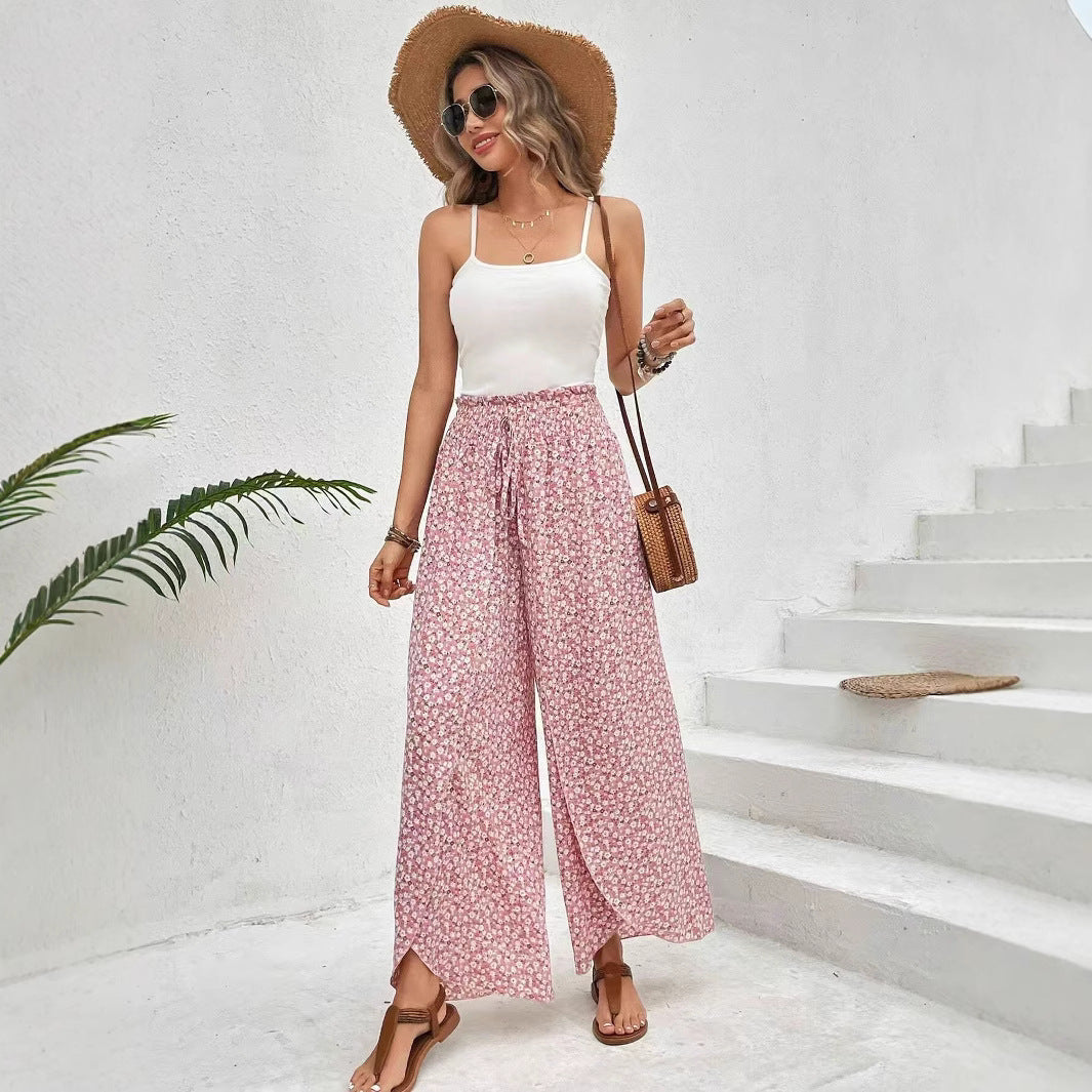 Pantalon Jupe Femme – Coupe Large – Imprimé Fleuri – Fentes Latérales – Tissu Respirant