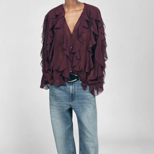 Blouse femme – Tissu léger – Coupe ample – Volants superposés – Col en V – Boutonnée
