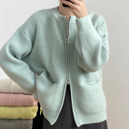 Gilet femme en maille – Coupe oversize – Fermeture double zip – Maille côtelée douce