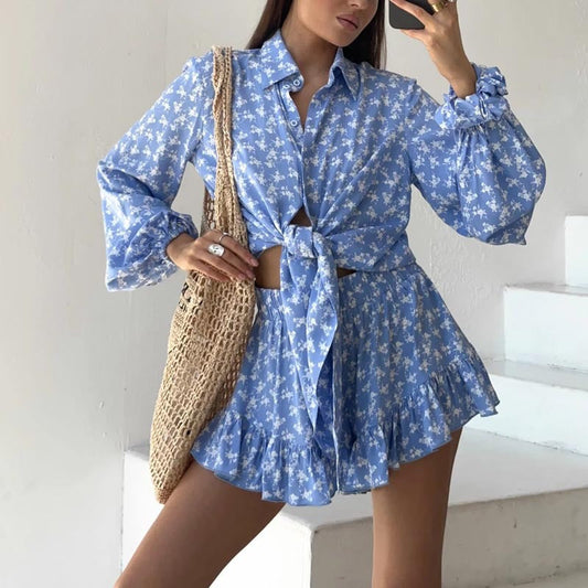 Women's Two-Piece Set – Breathable Fabric – Tie-Front Shirt – High-Waisted Ruffled Shorts