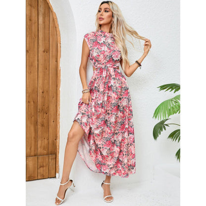 Women's sleeveless dress – Fitted cut – Open back – Floral print – Asymmetrical hem