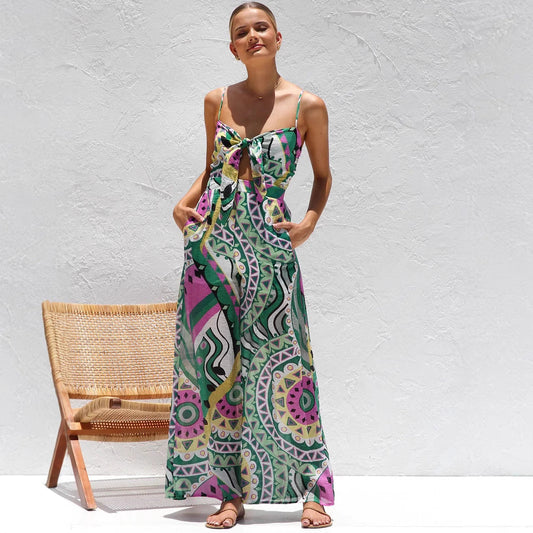 Women's jumpsuit – Loose fit – Lightweight breathable fabric – Thin straps with front knot
