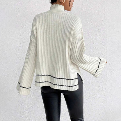 Pull femme en maille – Coupe oversize – Col montant – Manches longues – Rayures contrastées