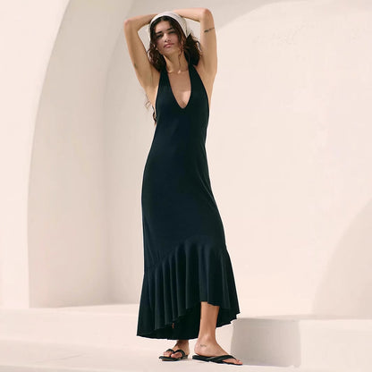 Robe longue femme – Coupe fluide – Décolleté en V – Halter – Ourlet asymétrique