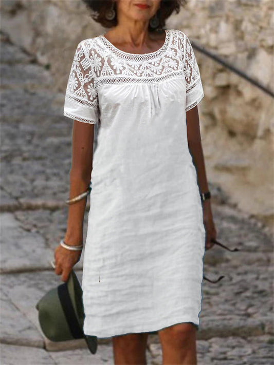 Robe d'été femme - Empiècement dentelle manches courtes - Coupe ample - Col rond