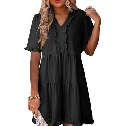 Robe trapèze femme – Col en V – Volants – Coupe ample – Manches courtes – Tiers