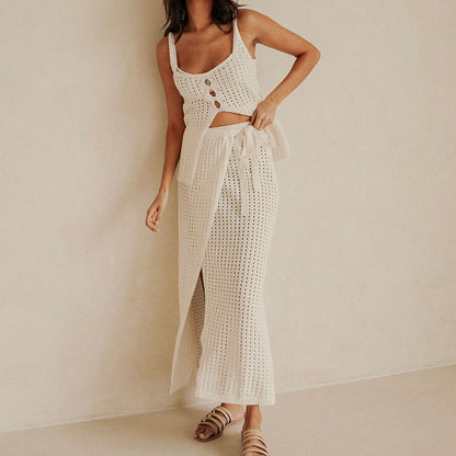 Women's Two-Piece Set – Buttoned Knit Crop Top – Adjustable Long Slit Skirt