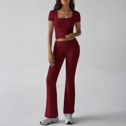 Women's Two-Piece Set – Fitted Crop Top Square Neck – High-Waisted Flared Pants