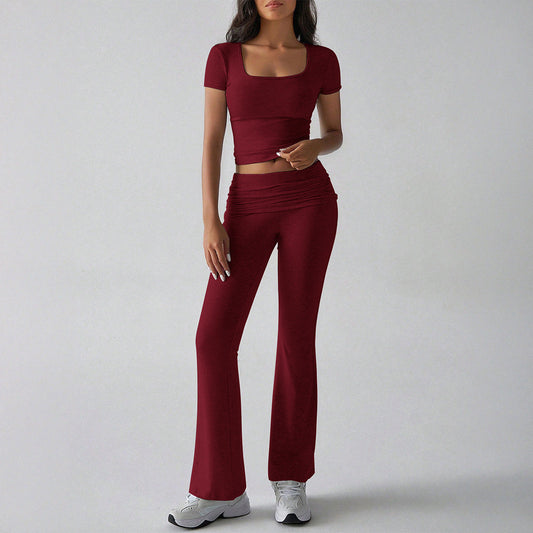 Women's Two-Piece Set – Fitted Crop Top Square Neck – High-Waisted Flared Pants