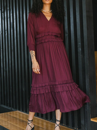 Robe midi femme – Coupe décontractée – Col en V – Volants – Manches longues