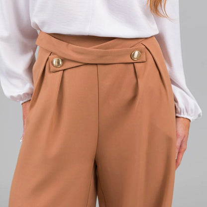Pantalon Femme Large – Taille Haute – Boutons Décoratifs – Tissu Fluide – Longueur Totale