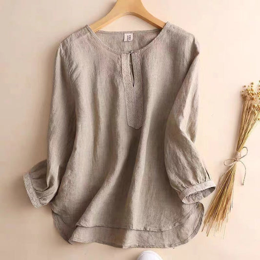 Chemise femme manches courtes – Coupe décontractée – Fibres naturelles – Col rond vintage