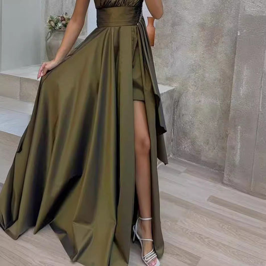 Women's evening dress – Asymmetrical one-shoulder – Luxury fabric – Voluminous slit skirt