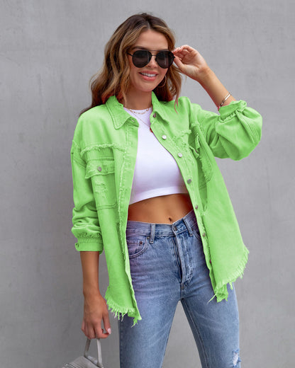 Veste en jean femme – Coupe oversize – Longueur mi-longue – Détails usés et effilochés