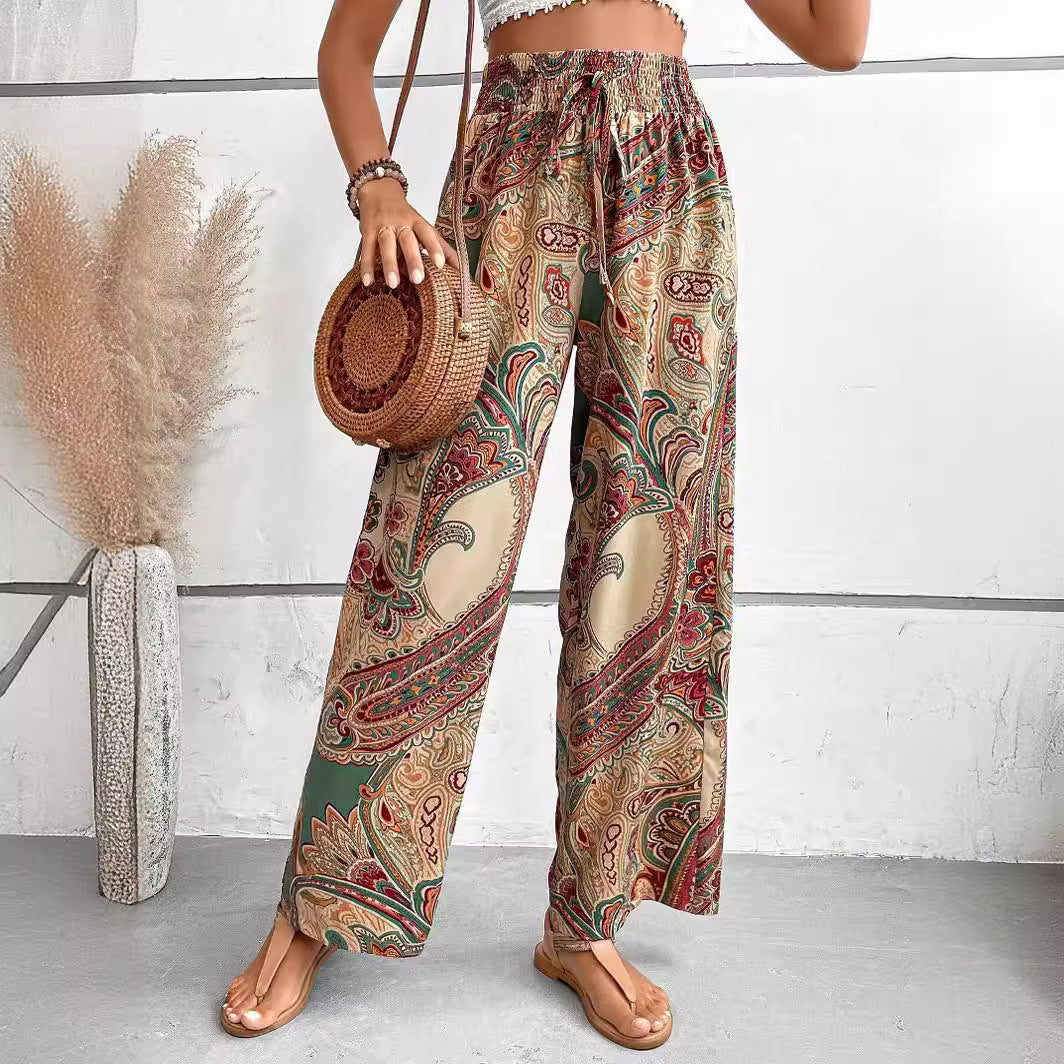 Wide women's pants – Loose fit – Elastic high waist – Breathable fabric – Bohemian print