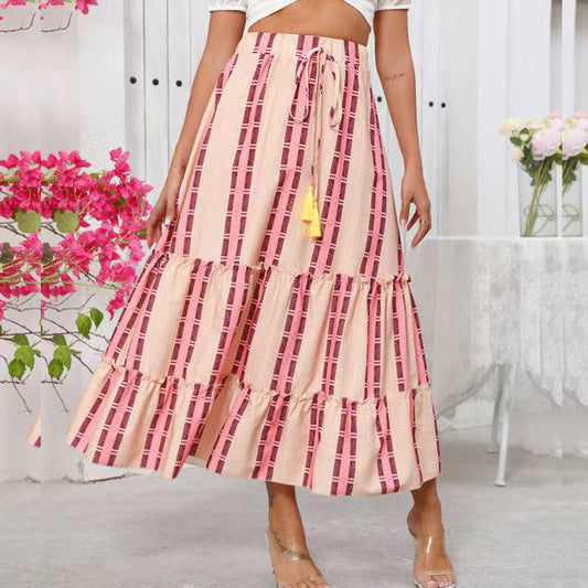 Women's long skirt – Bohemian style with ruffles – Tie waist – Flowing cotton fabric