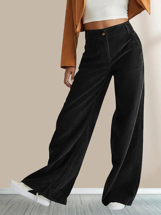 Pantalon femme droit en velours côtelé – taille haute – coupe décontractée – long