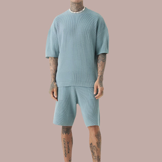 Men's casual set – Soft ribbed knit – Loose fit – T-shirt with short sleeves and matching shorts