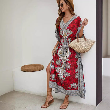 Women's long dress – Flowing cut – V-neck – Short wide sleeves – Ornate patterns