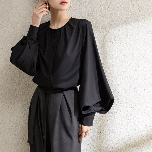 Blouse femme – Coupe ample – Manches lanterne – Col rond – Tissu fluide élégant