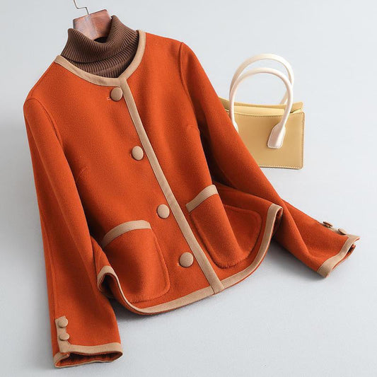 Women's Coat - Wool Blend - Fitted Cut - Round Neck - Button Detail