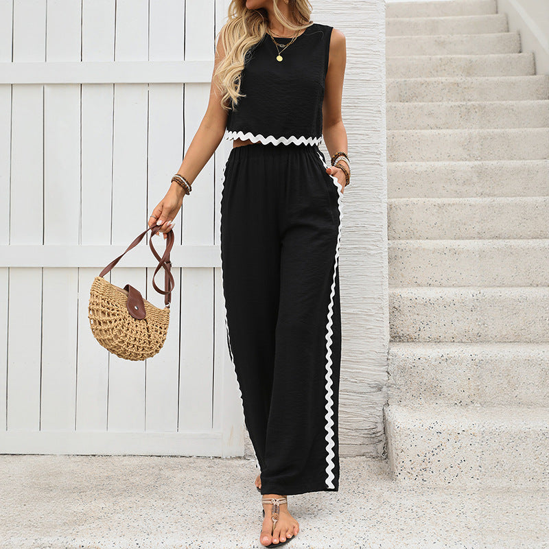 Women's Set – Short Tank Top and Long Pants – Loose Fit – Contrasting Finish