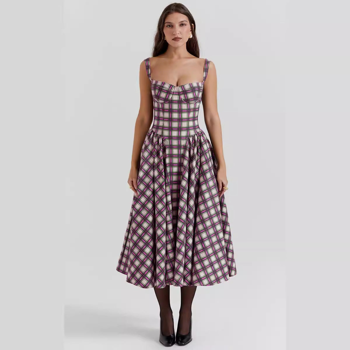 Women's long dress – Breathable flowing fabric – Checked pattern – With pockets