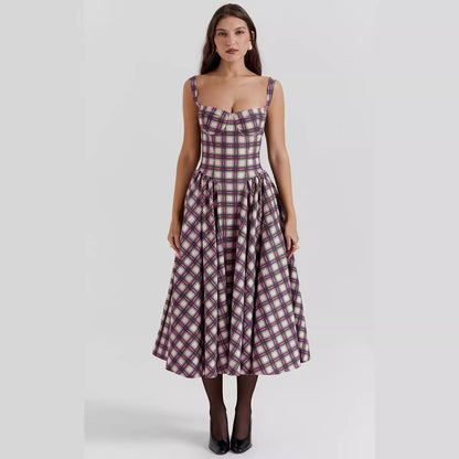 Women's long dress – Breathable flowing fabric – Checked pattern – With pockets
