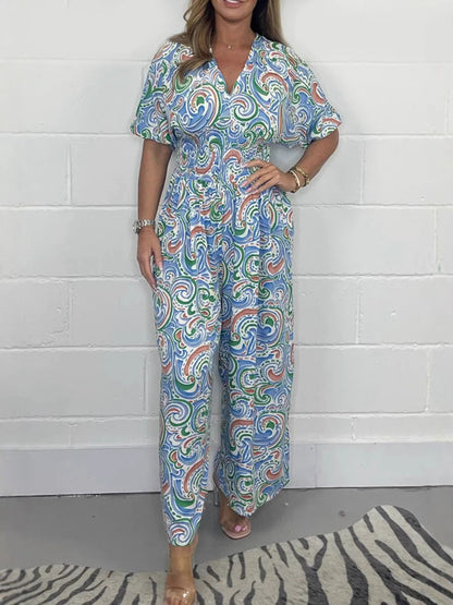 Women's Jumpsuit – Relaxed Fit – Wide Legs – V Neck – Breathable Boho Print Fabric